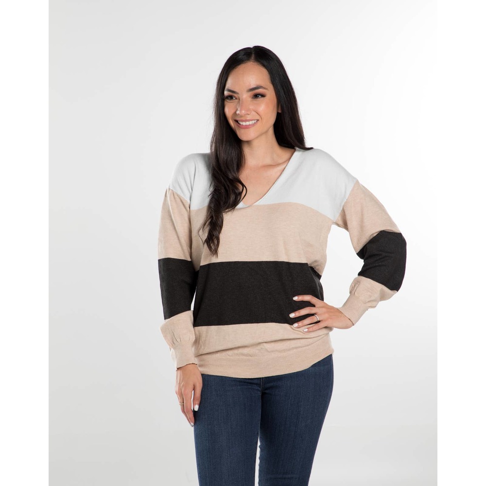 Beige Black Knitted Color Block Sweater - Picture 6 of 7